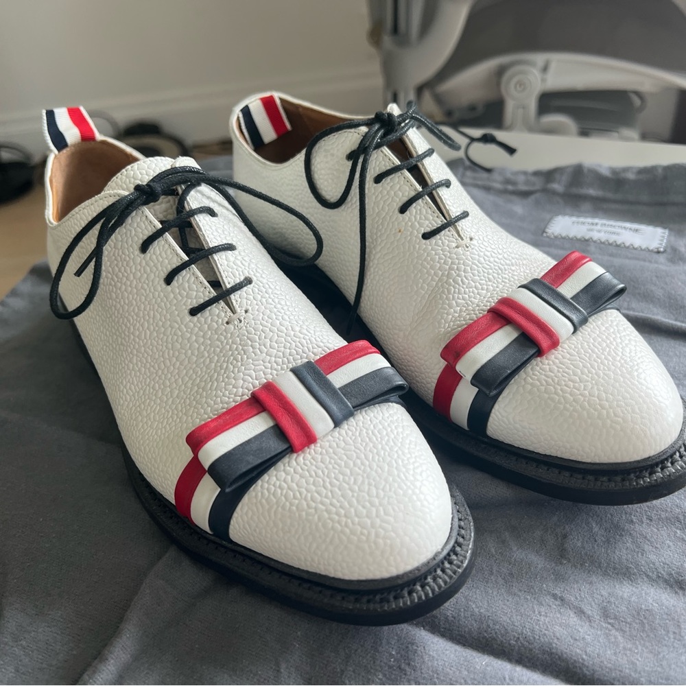 Thom Browne white bow loafers